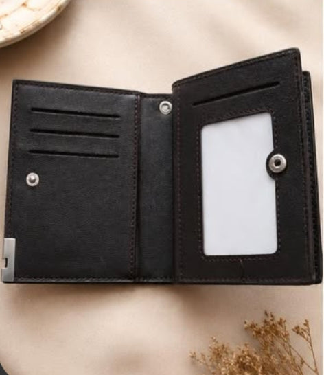 Premium Monogram Leather Bifold Wallet – Black &amp; Grey