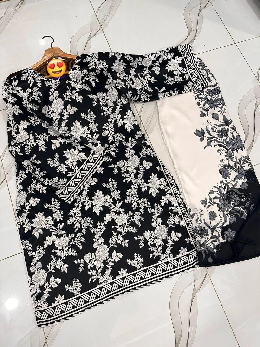 Premium Black Digital Print Raw Silk Cord Set