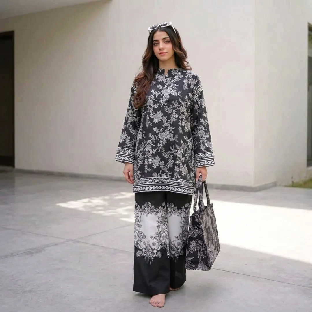 Premium Black Digital Print Raw Silk Cord Set