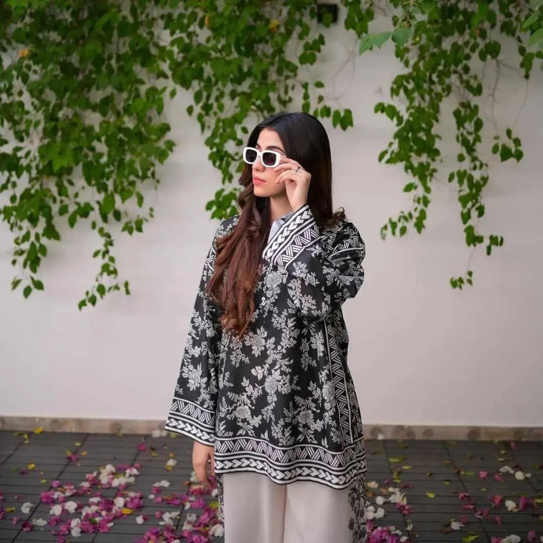 Premium Black Digital Print Raw Silk Cord Set